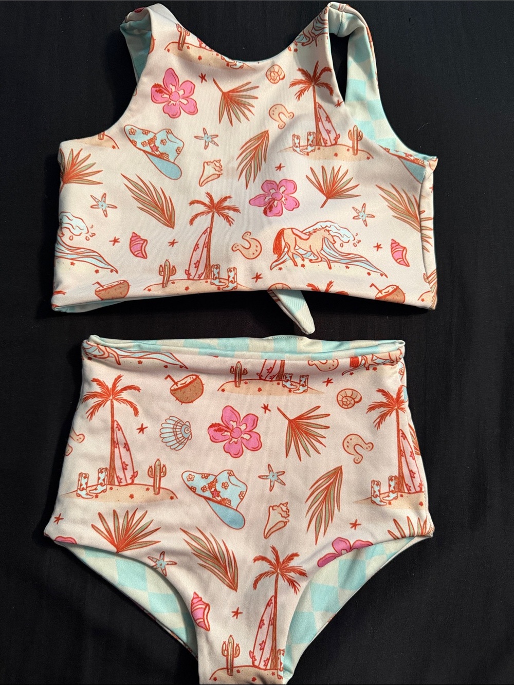 Custom made Girl’s Two-Piece High-Waist Swim Set - Pink Floral & Teal Accents